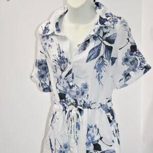 LUNGO L'ARNO 100%Linen Floral Print Belted Shirt Dress in White and Blue sz M